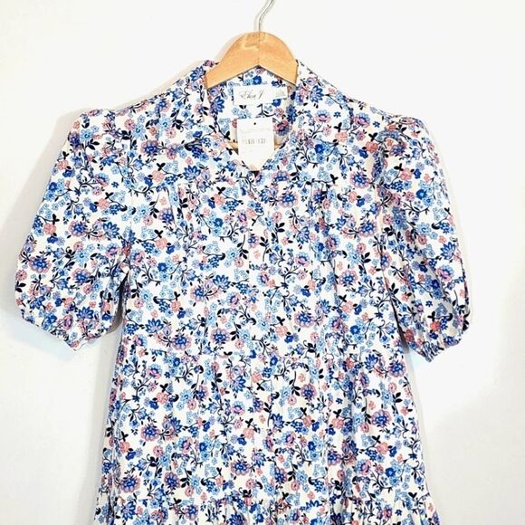 NWT Eliza J Floral Button Front Tiered Puff Sleeve 100% Cotton Shirt Dress SZ 0 - Picture 3 of 10